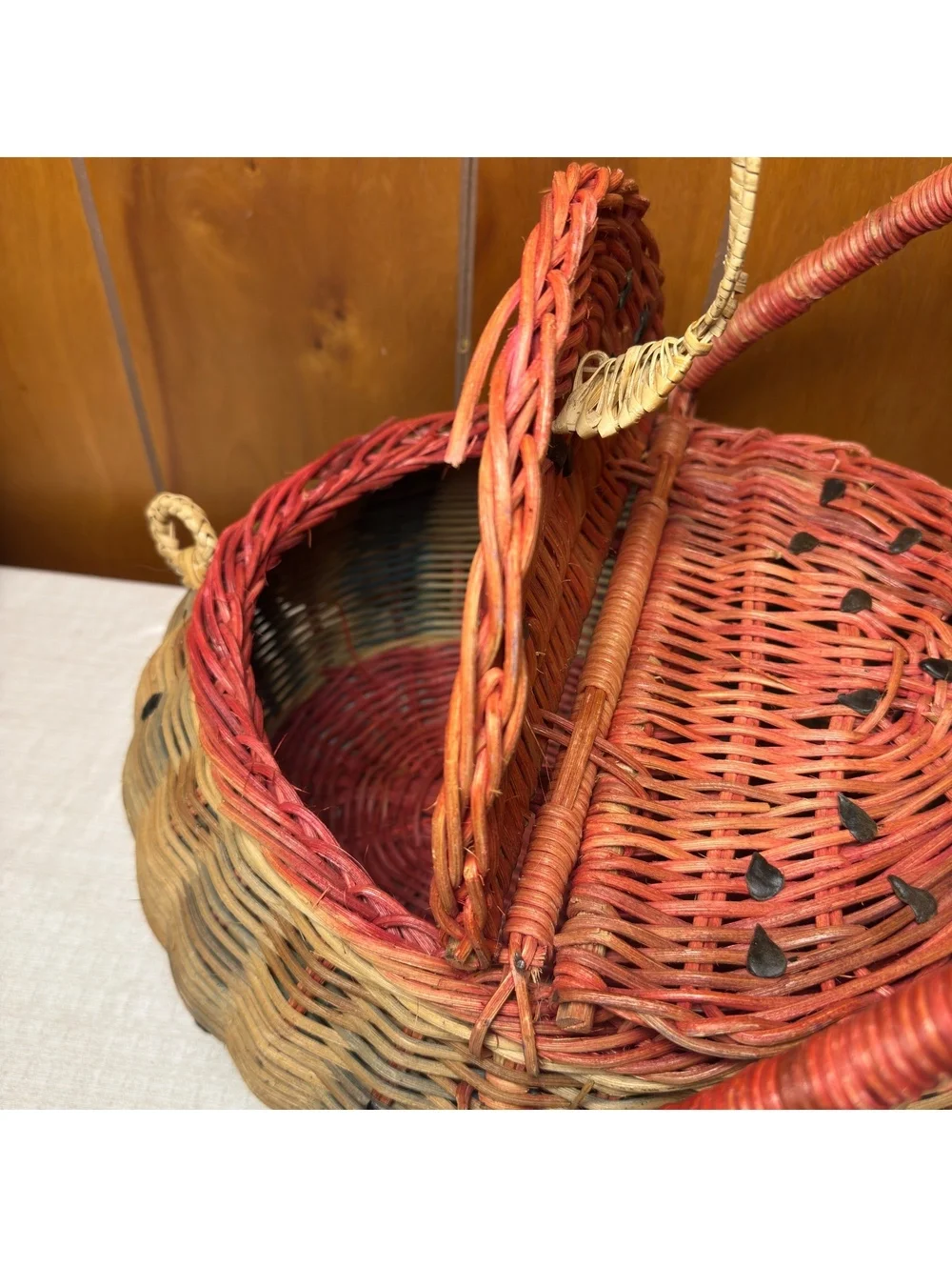 Vintage Watermelon Wicker Picnic Basket Split Lid Summer Kitchen Decor